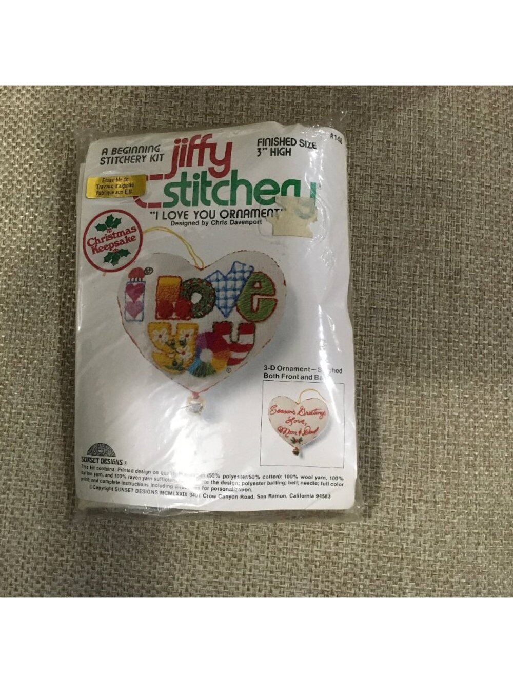 Jiffy Stitchery Kit 148 I Love You Ornament 3 D Stitched Front And Back